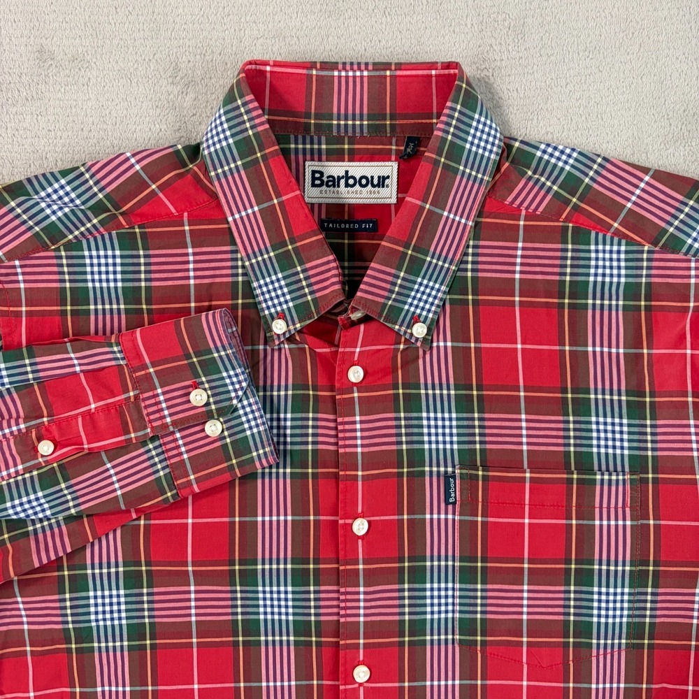 Barbour Tailored Fit Oscar Shirt in Red Tartan Plaid Men Large Pocket Preppy‎
